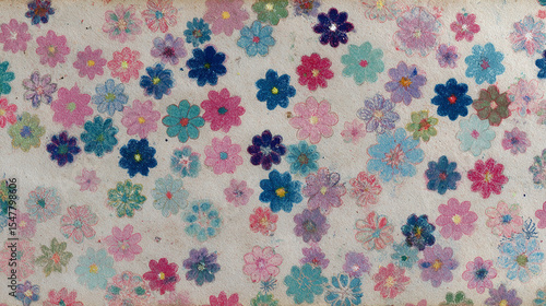 Colorful floral pattern with various small flowers in pink blue purple and green tones creating cheerful and vibrant decorative background