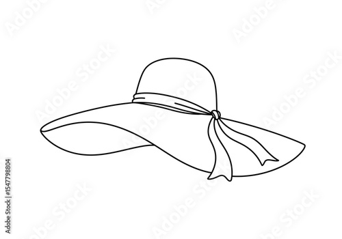 Beach hat drawing. It is a black and white outline sketch of a wide-brimmed beach hat, a popular summer fashion accessory. Vector sketch line art draw.