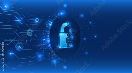 Digital illustration with a blue background depicting a lock in the center, surrounded by gears, circuits and binary code. Ideal for cybersecurity and data protection topics.