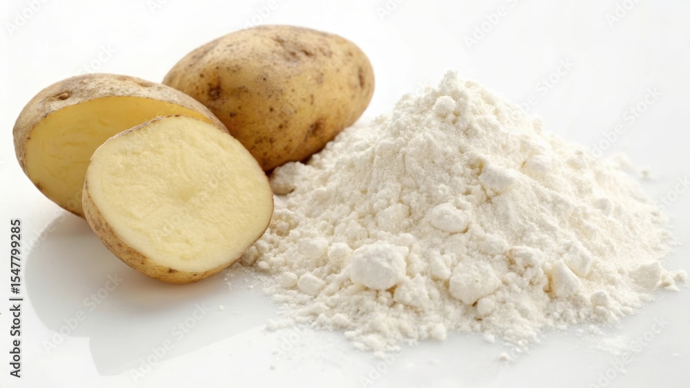 Fototapeta premium Potatoes and potato flour on a white background.