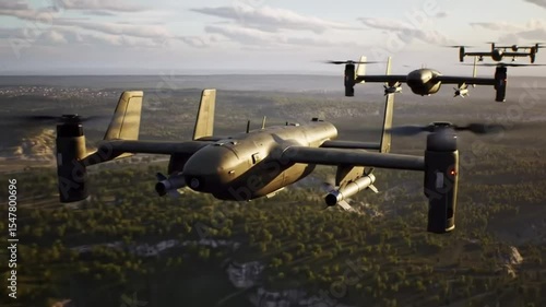 Military VTOL drones with missiles flying over a landscape on a clear day aerial shot