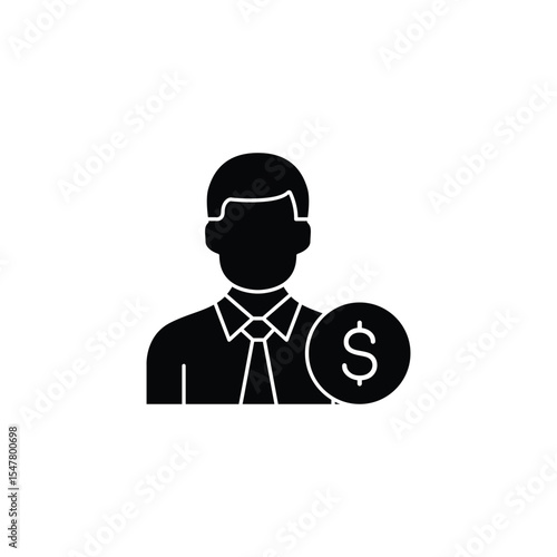 Simple black icon of a businessman with a dollar sign. Represents finance, wealth, and business success.