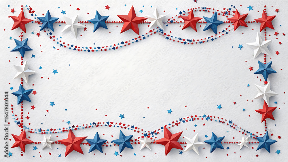 Obraz premium Patriotic Celebration Frame Red White Blue Stars and Garlands Background for Independence Day and Other National Holiday Greetings