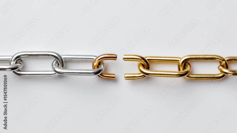 Obraz premium Broken chain links, silver and gold, separated