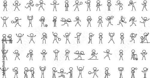 Stick figure sports character icon set, various athletic and gym activities, hand-drawn doodle style, fitness sketch illustration, cartoon action poses, workout vector bundle