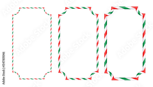 Red white green striped lollipop frame in rectangular shape. Christmas themed frame with sweet lollipop stripes. Empty vector mockup for New Year and Xmas designs. Isolated vector