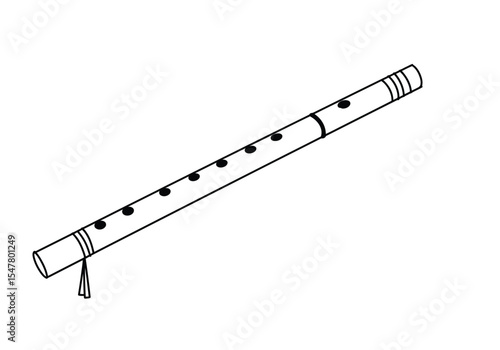 Krishna flute drawing. It is a black and white outline sketch of a flute, a musical instrument associated with Lord Krishna. Vector sketch line art draw.