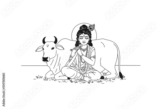 Krishna with cow drawing. It is a black and white outline sketch of Lord Krishna sitting with a cow, symbolizing his connection to nature. Vector sketch line art draw.