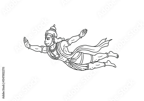 Flying hanuman drawing. It is a black and white outline sketch of Hanuman flying, a powerful Hindu deity and monkey god. Vector sketch line art draw.