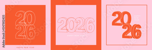 2026 New Year card set, thin line 3D number, colorful poster