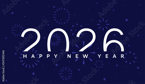 Happy New Year 2026 greeting card, blue fireworks background