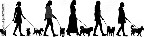 Women walking dogs, silhouette illustration of dog walkers, black vector figures with pets, casual outdoor activity, pet lovers lifestyle concept, female characters walking animals on leash