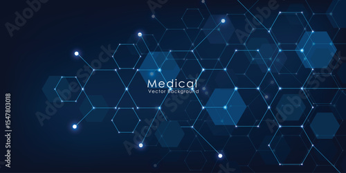 Geometric abstract background with blue hexagons. Structure molecule and communication. Science, technology and medical concept