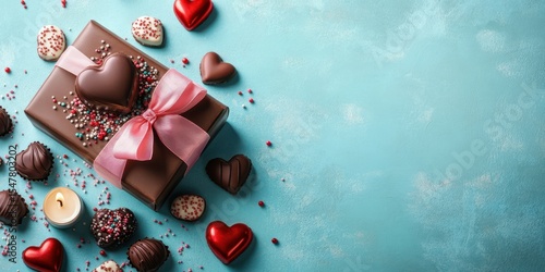 Delicious assortment of heart-shaped chocolates and gift box on turquoise background for special occasions