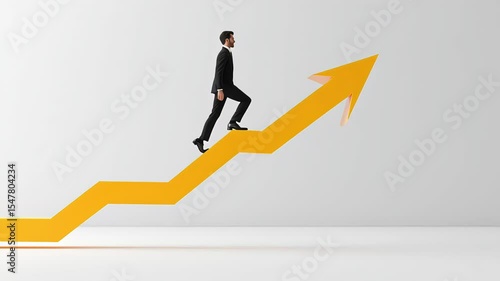 Businessman walking upward on a yellow arrow-shaped growth chart, symbolizing success, career growth, progress, achievement, leadership, and business development