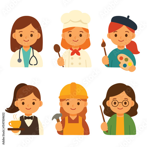 Cartoon girls dressed as doctor, chef, artist, waitress, builder, and teacher on white background. Flat vector illustration in character design style. Childhood professions and career concept 