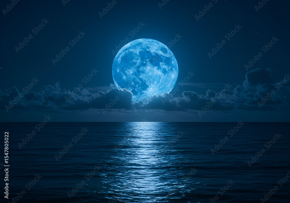 A breathtaking view of a tranquil ocean at night, featuring a large, vibrant blue moon, casting a tranquil glow over the still water. A breathtaking view of a tranquil ocean at night, featuring a large, vibrant blue moon, casting a tranquil glow over the still water.