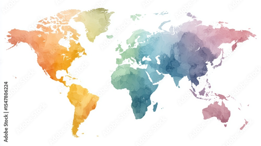 Obraz premium Colorful watercolor world map with geographic continents and countries