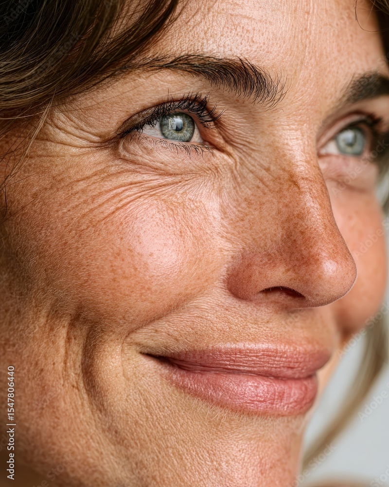 Fototapeta premium A close-up portrait of a woman smiling, showcasing detailed facial features and expressive eyes, highlighting emotions and age.