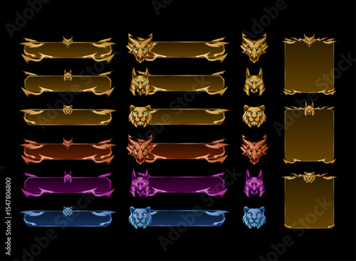set of dragon, lion, anubis button and frame panel overlay for fantasy medieval game ui