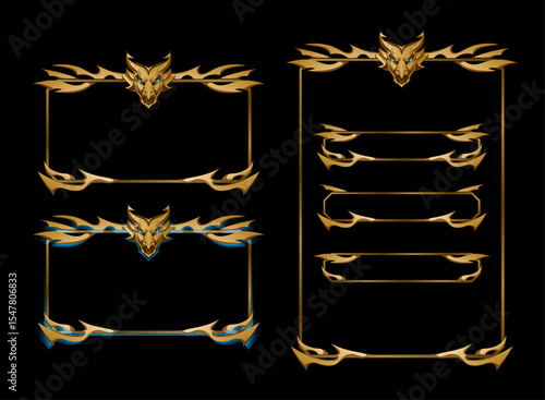 set of golden mystical dragon frame panel overlay for twitch streamer or game ui template