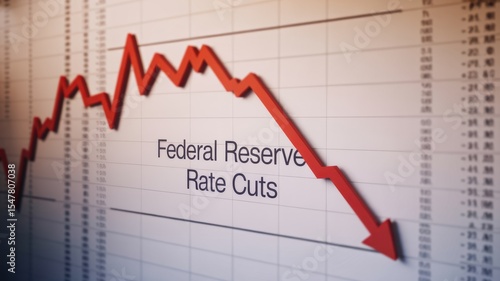 Close-up of financial chart with downward trending line symbolizing Federal Reserve rate cuts, economic recession concept, stock market volatility and investment risk analysis.