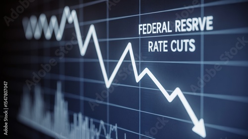 Close-up of financial chart with downward trending line symbolizing Federal Reserve rate cuts, economic recession concept, stock market volatility and investment risk analysis.