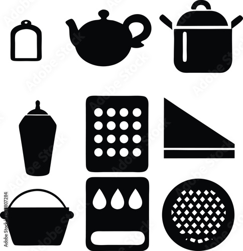 A vector set of kitchen utensils and food icons illustrates cooking symbols like pots, pans, knives, and spoons in black silhouette designs for restaurant and coffee cup illustrations