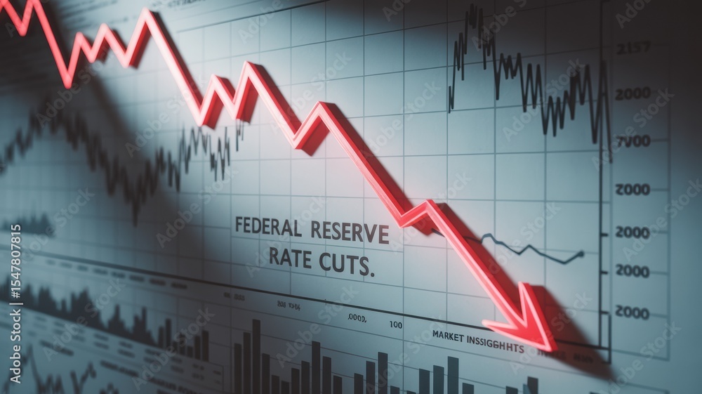Fototapeta premium Close-up of financial chart with downward trending line symbolizing Federal Reserve rate cuts, economic recession concept, stock market volatility and investment risk analysis.