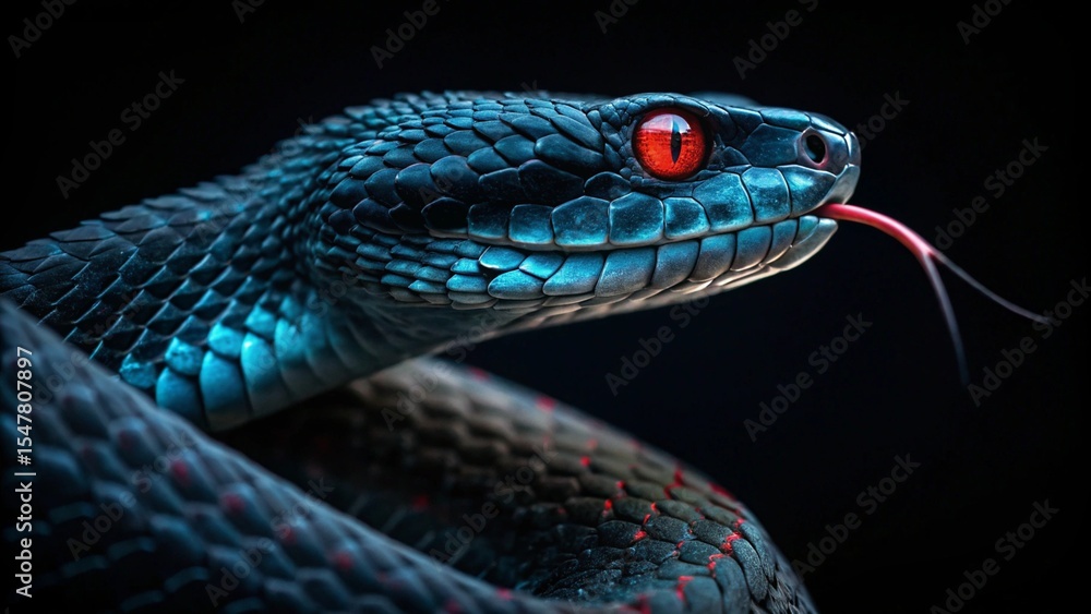 Obraz premium Close-up of a dark blue snake with red eyes, its tongue flicking, set against a black background, creating a dramatic
