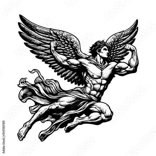 flying muscular angel engraving black and white outline. Scratch board imitation.
