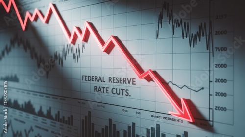 Close-up of financial chart with downward trending line symbolizing Federal Reserve rate cuts, economic recession concept, stock market volatility and investment risk analysis.
