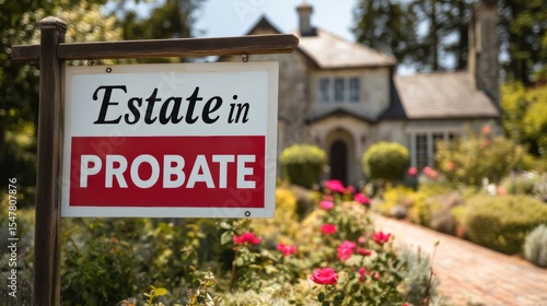 Avoid inheritance disasters. Estate in probate sign in front of a charming home with garden.