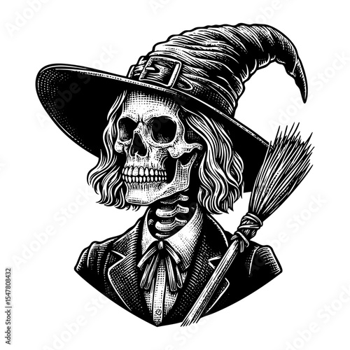 Skull wear witch hat engraving black and white outline. Scratch board imitation.  illustrated in vintage line art style on a white background.