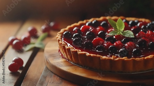Rustic berry tart with fresh mint on a wooden table display