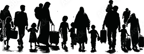 Silhouette of war refugees walking with luggage and children vector style on white background