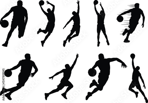Silhouette vector set of basketball players in various jump shot, dunk, and dribble action poses