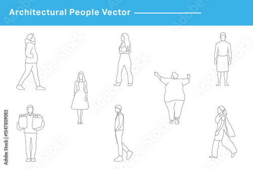 CAD Drawing. Vector illustration of men, women, standing, walking in front back and side view. Symbol for architecture and landscape design drawing.