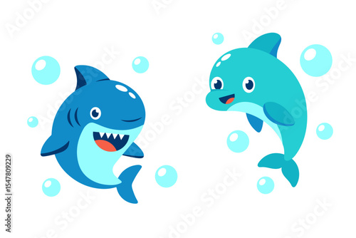 Cute cartoon shark and dolphin swimming underwater with bubbles on white background. Vector illustration.