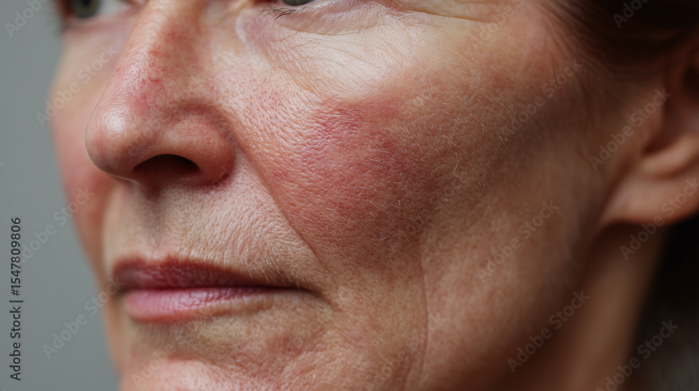 Obraz premium Close up of cheek with facial eczema showing red dry patch and textured skin on mature person, highlighting skin condition and natural aging signs
