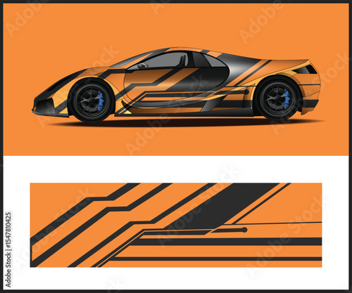Orange and Black Sports Car with Racing Stripes Vector Illustration