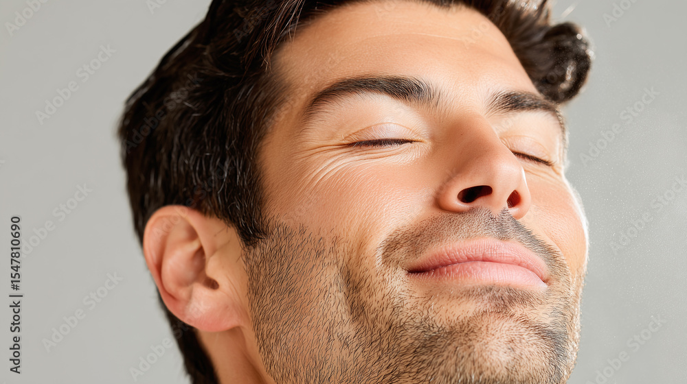 Obraz premium Man with closed eyes and soft smile, head tilted back, showing relaxed expression and light facial hair on fair skin with dark hair against plain background