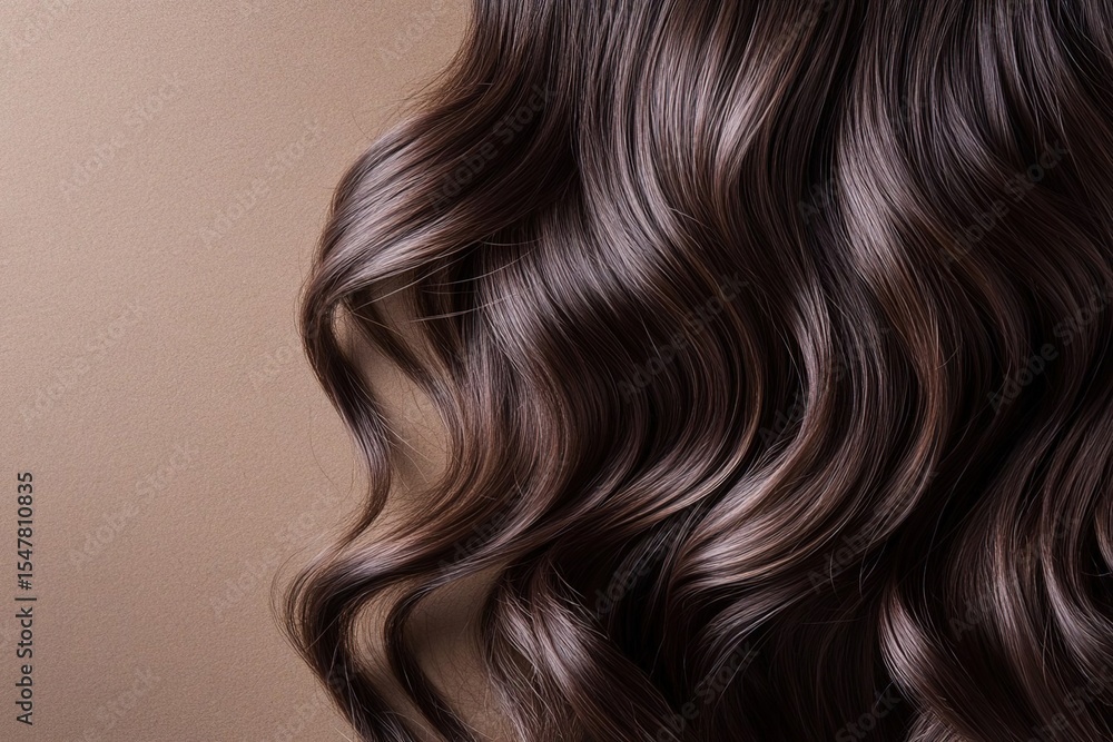 Naklejka premium Close-up of wavy, shiny brown hair against a neutral background. The hair has a smooth texture and rich color, showcasing healthy, well-maintained locks.