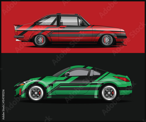 Two Customized Cars with Bold Graphic Designs Against Contrasting Backgrounds