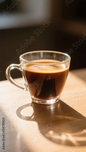 A glass mug filled with dark coffee, placed on a wooden surface with natural light casting shadows.