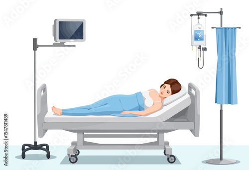 Young woman resting in hospital bed with IV and medical equipment  