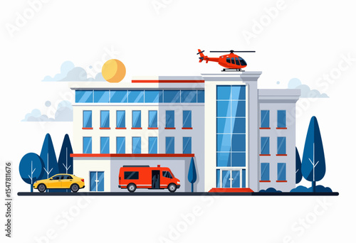 Emergency hospital building with ambulance and helicopter on roof  