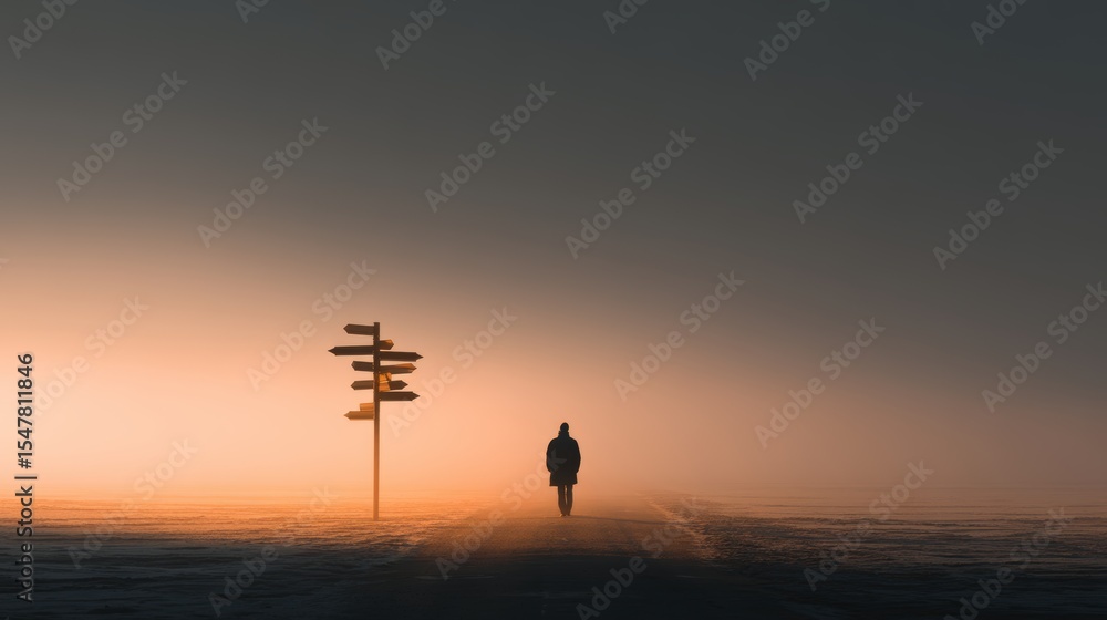 Fototapeta premium Silhouette of lone figure walking toward signpost at sunrise