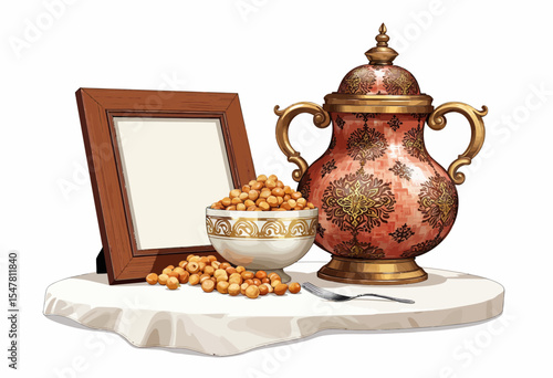 Ornate teapot with bowl of chickpeas and empty picture frame  