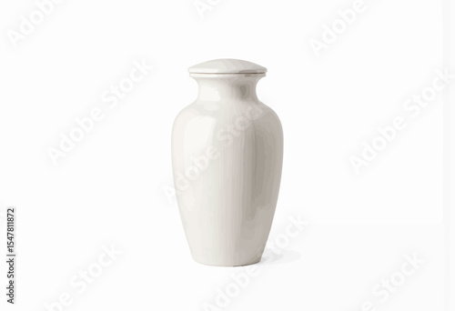 Simple white ceramic urn with lid on neutral background  